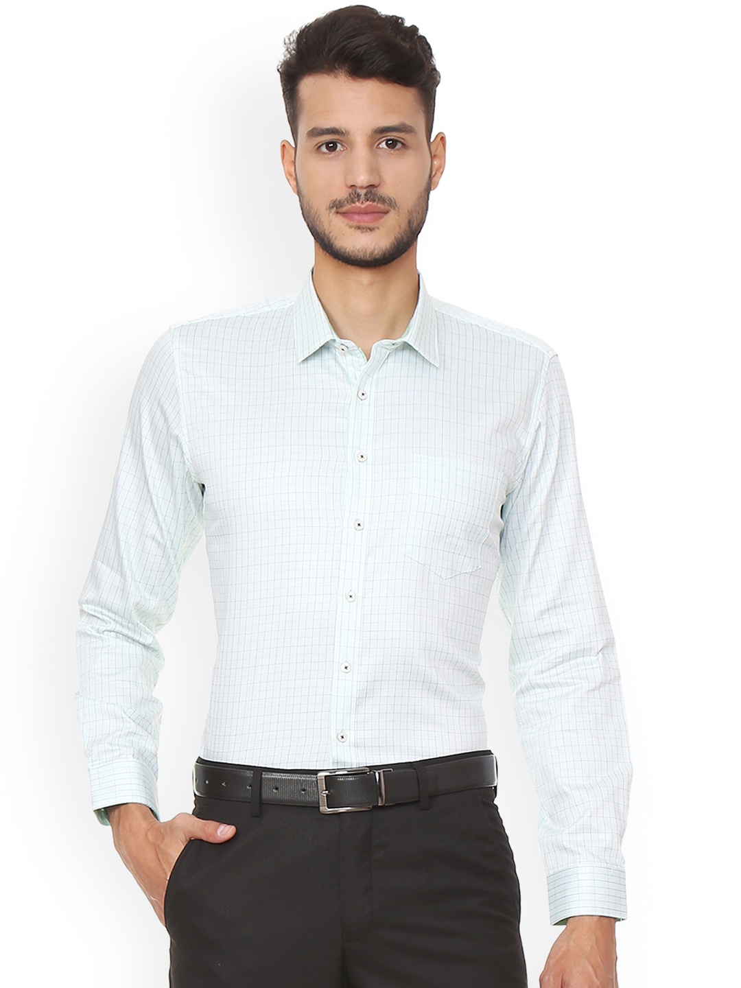 

Van Heusen Men White & Green Slim Fit Checked Formal Shirt