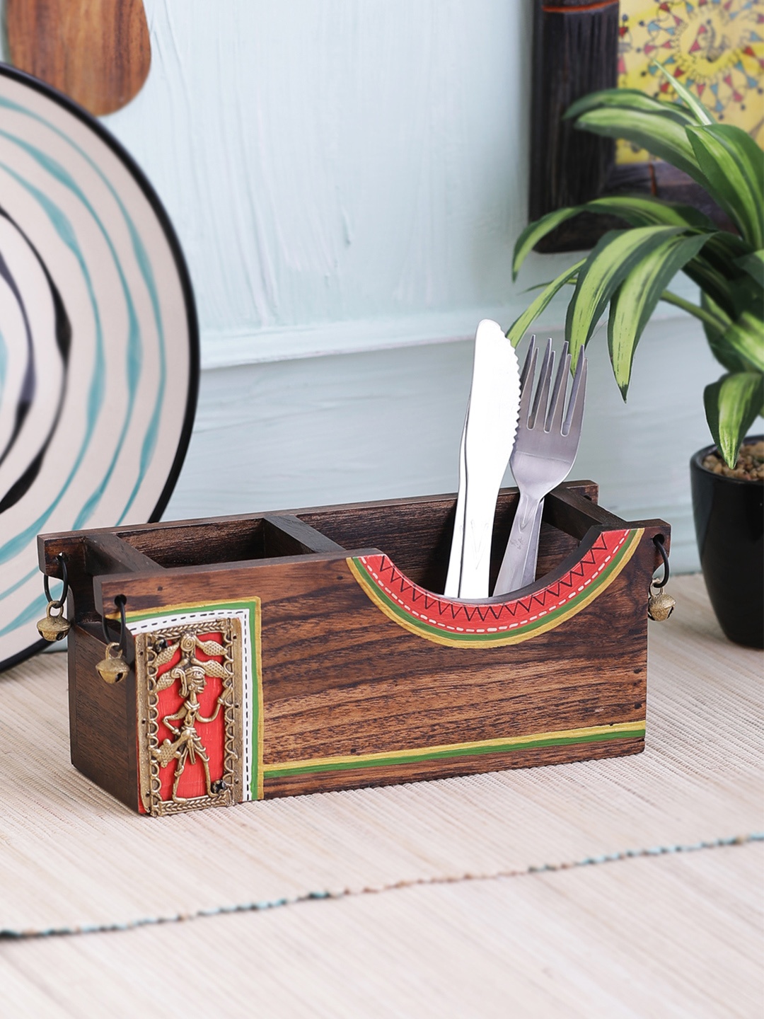 

VarEesha Hand-Painted Red Curvy Dhokra Wooden Cutlery Holder