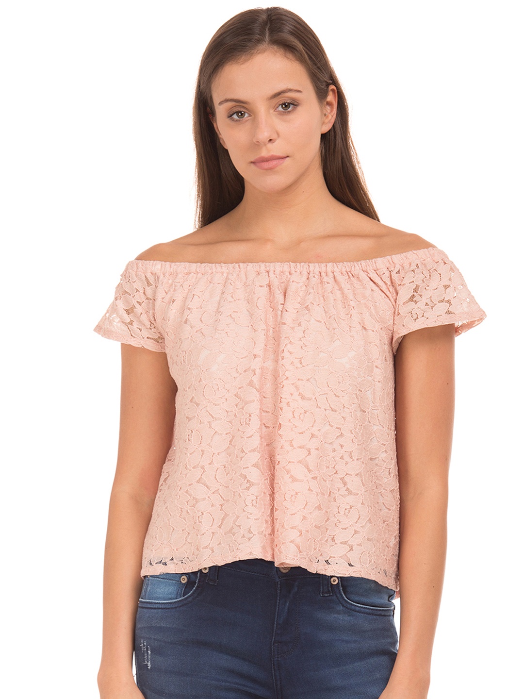 

Aeropostale Women Pink Self Design Bardot Top