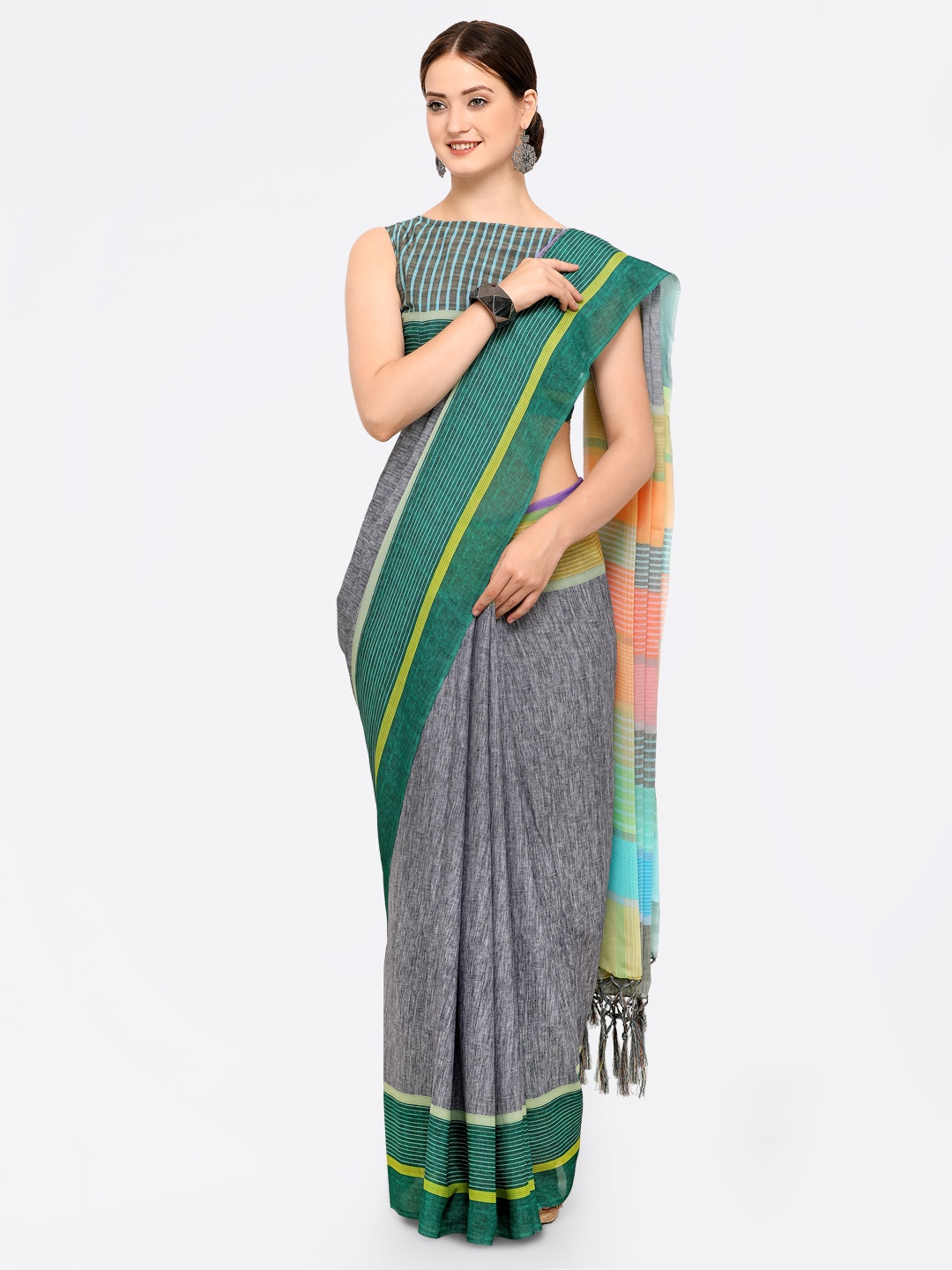 

Saree mall Grey & Green Silk Blend Solid Mangalagiri Saree