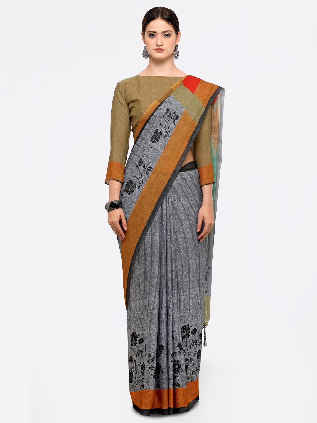 

Saree mall Grey & Brown Silk Blend Printed Mangalagiri Saree