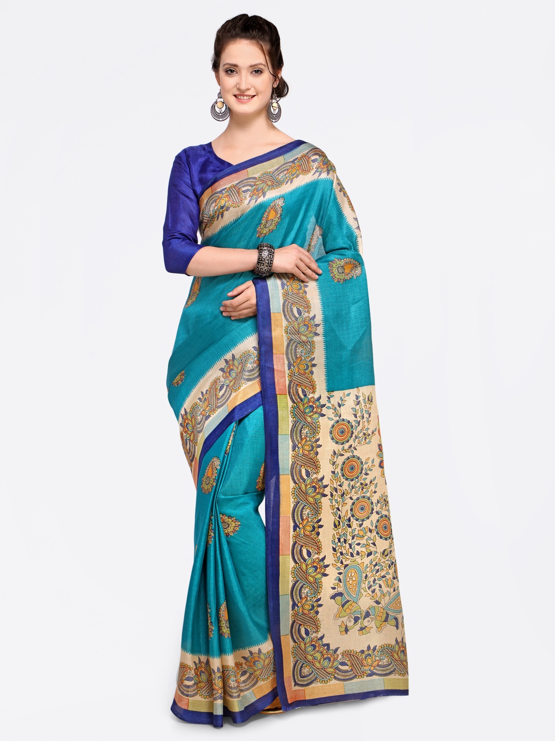 

Saree mall Teal Green Art Silk Printed Bhagalpuri Saree