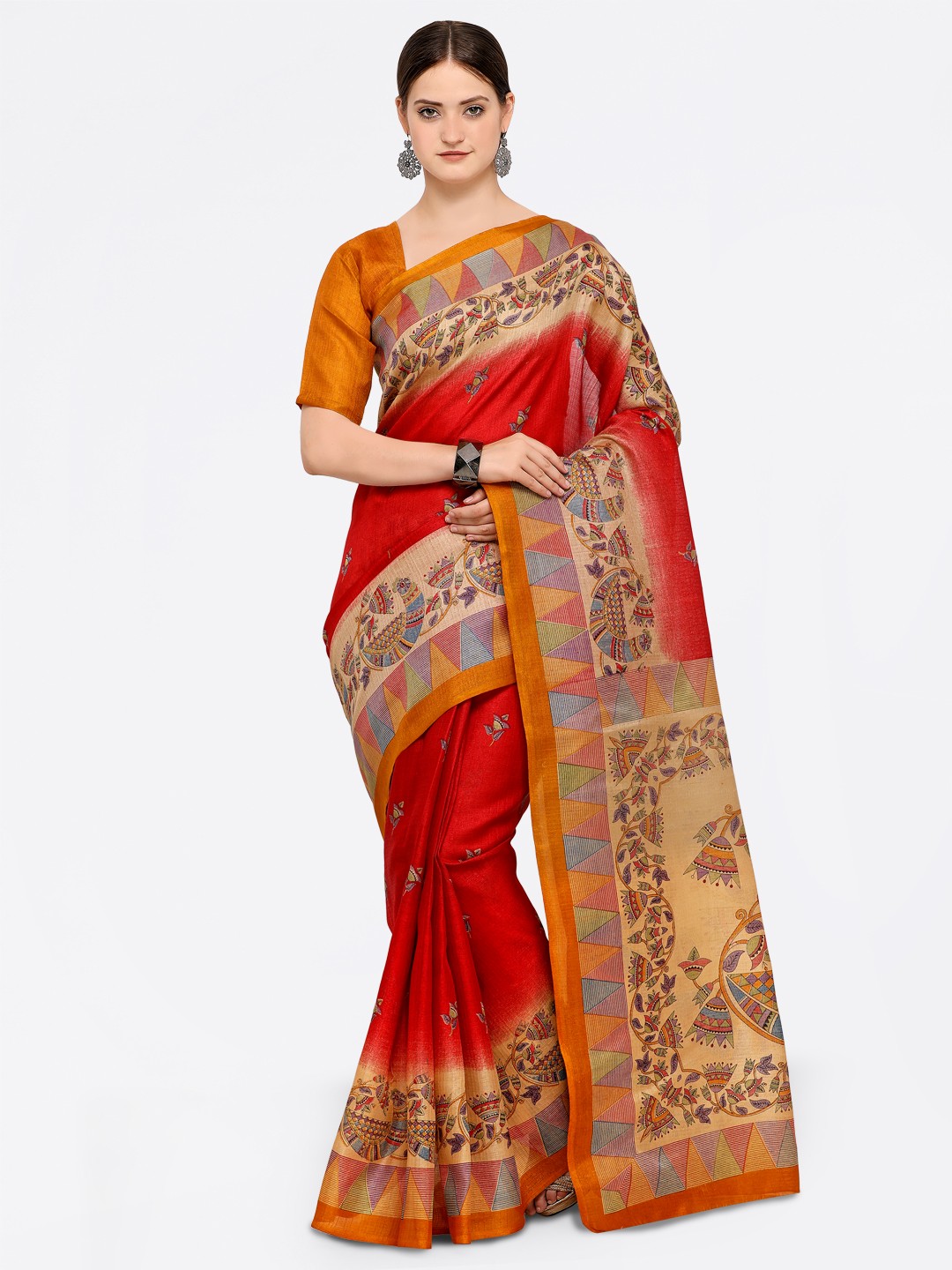 

Saree mall Red Art Silk Printed Bhagalpuri Saree