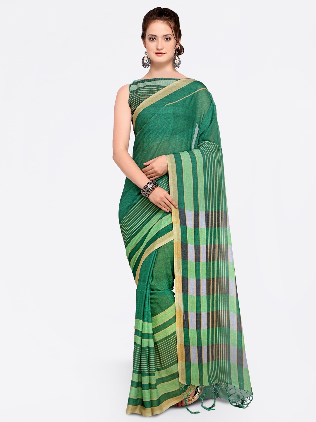 

Saree mall Green Silk Blend Striped Mangalagiri Saree