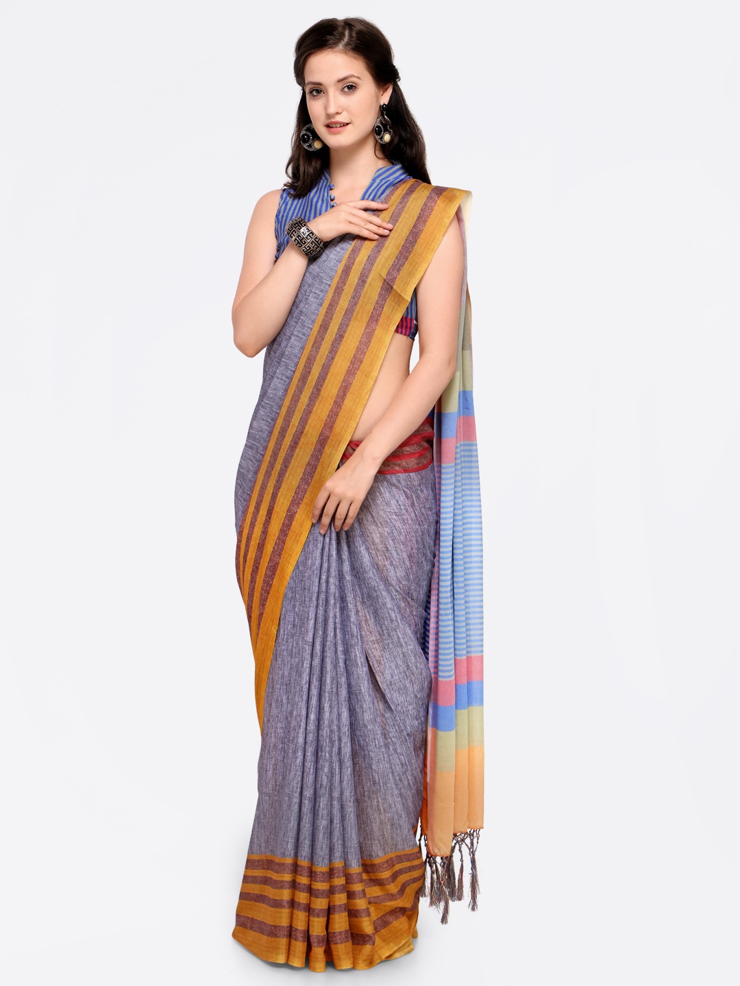 

Saree mall Grey & Blue Silk Blend Solid Mangalagiri Saree