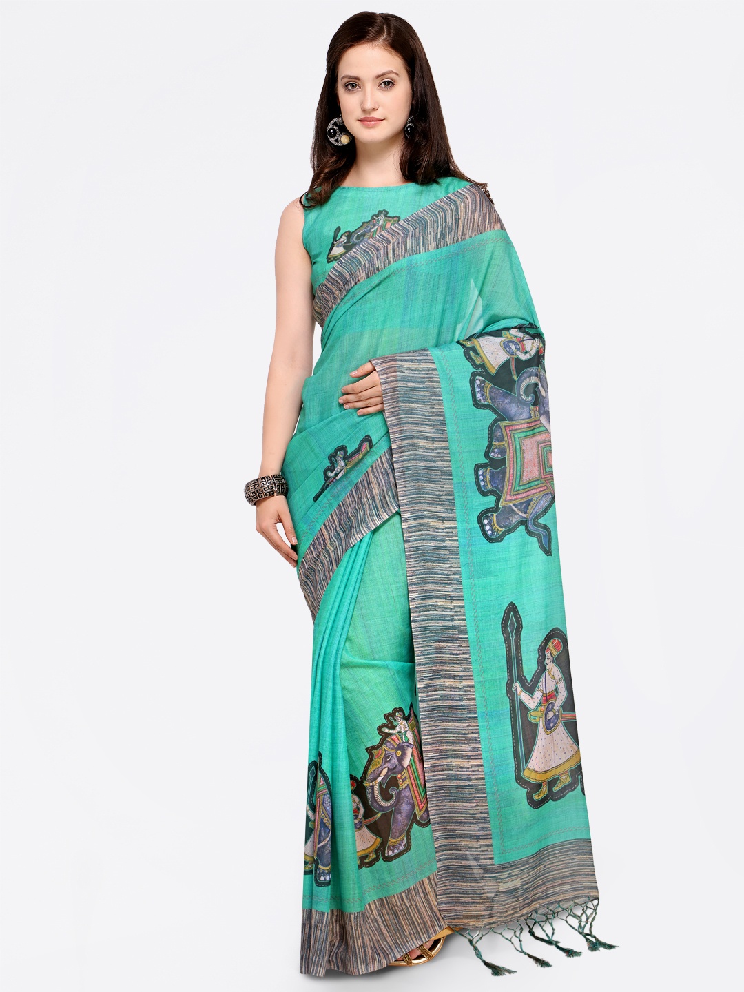 

Saree mall Sea Green Silk Blend Printed Mangalagiri Saree