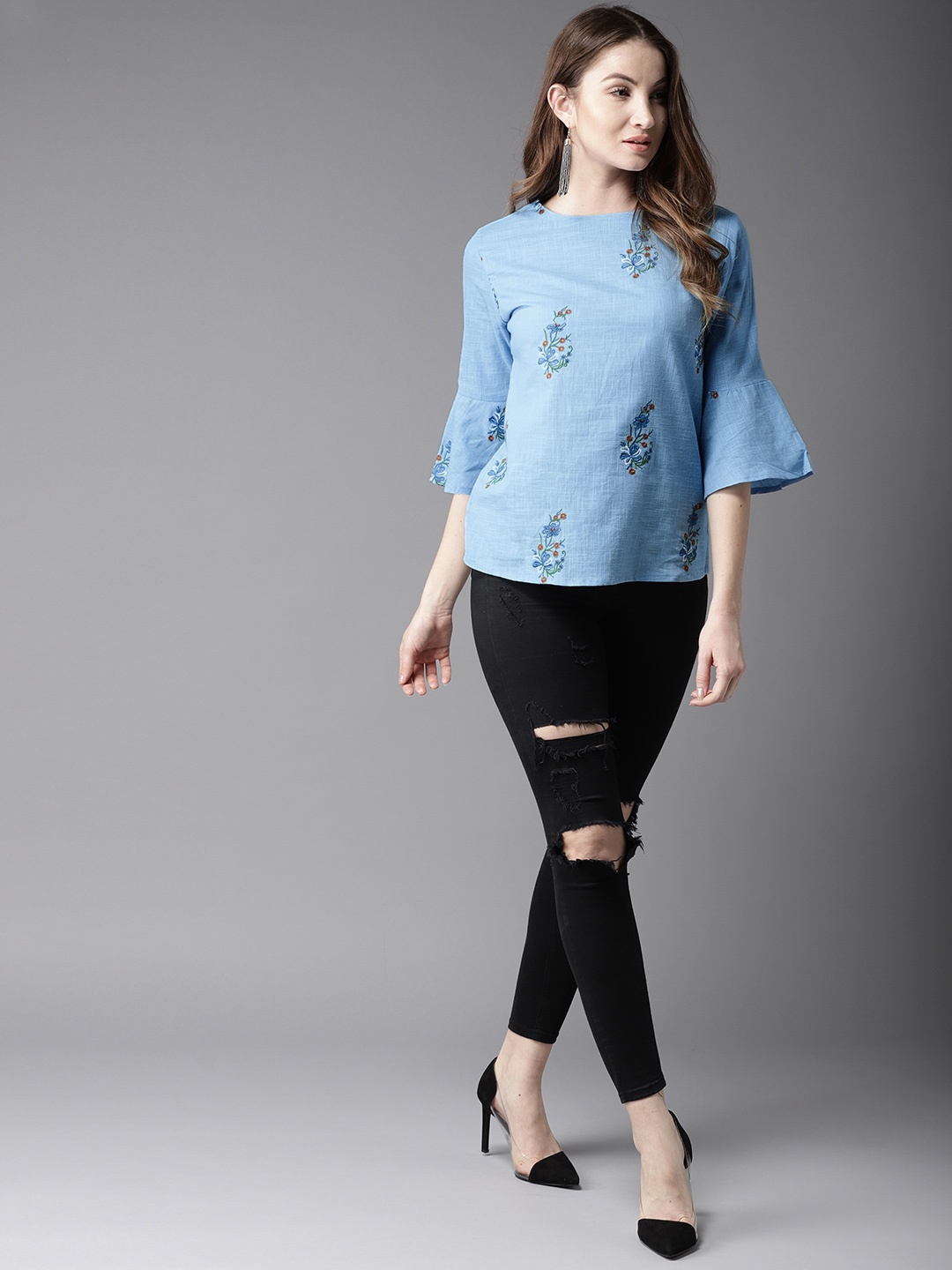 

HERE&NOW Blue Embroidered Pure Cotton Top