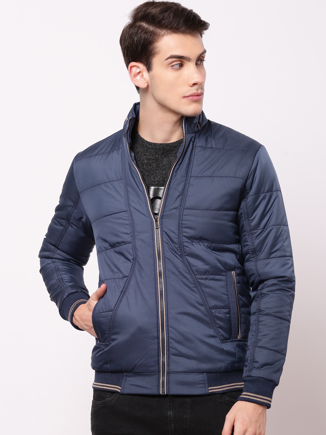 

ether Men Navy Blue Solid Padded Jacket