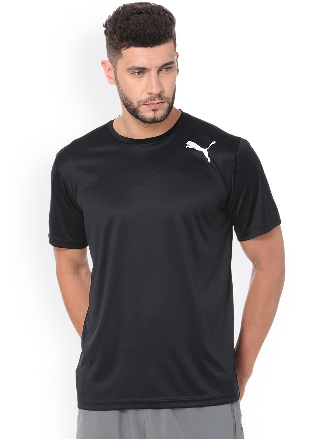 

Puma Men Black Solid Round Neck Essential SS T-shirt