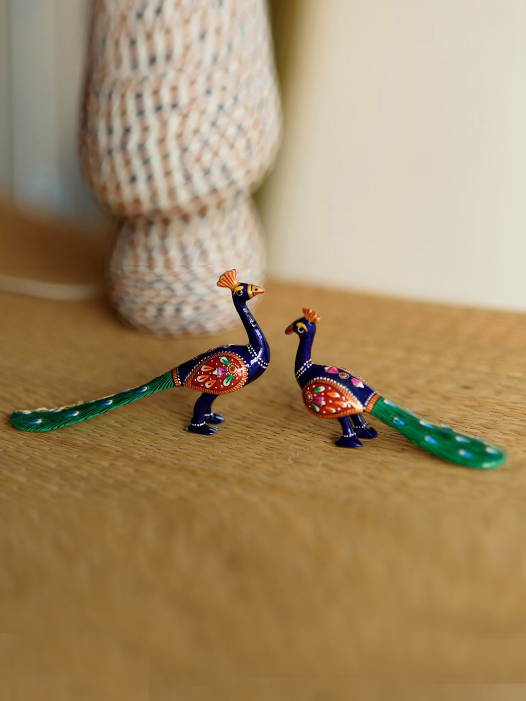 

eCraftIndia Green & Blue Set of 2 Coloful Meenakari Sitting Peacocks Figurine