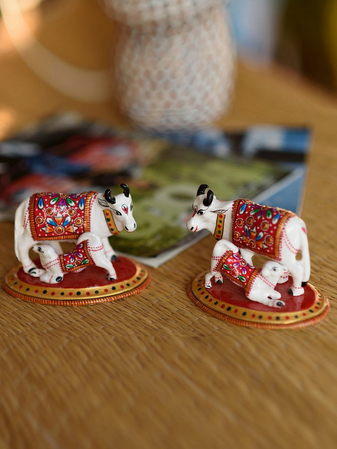 

eCraftIndia White & Red Set of 2 Handcrafted Meenakari Cow And Calf Figurine