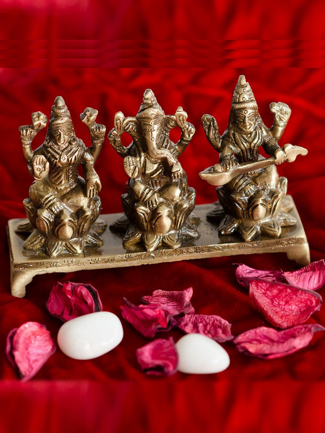 

eCraftIndia Gold-Toned Handcrafted Antique Finish Brass Laxmi Ganesha Saraswati on Lotus Base