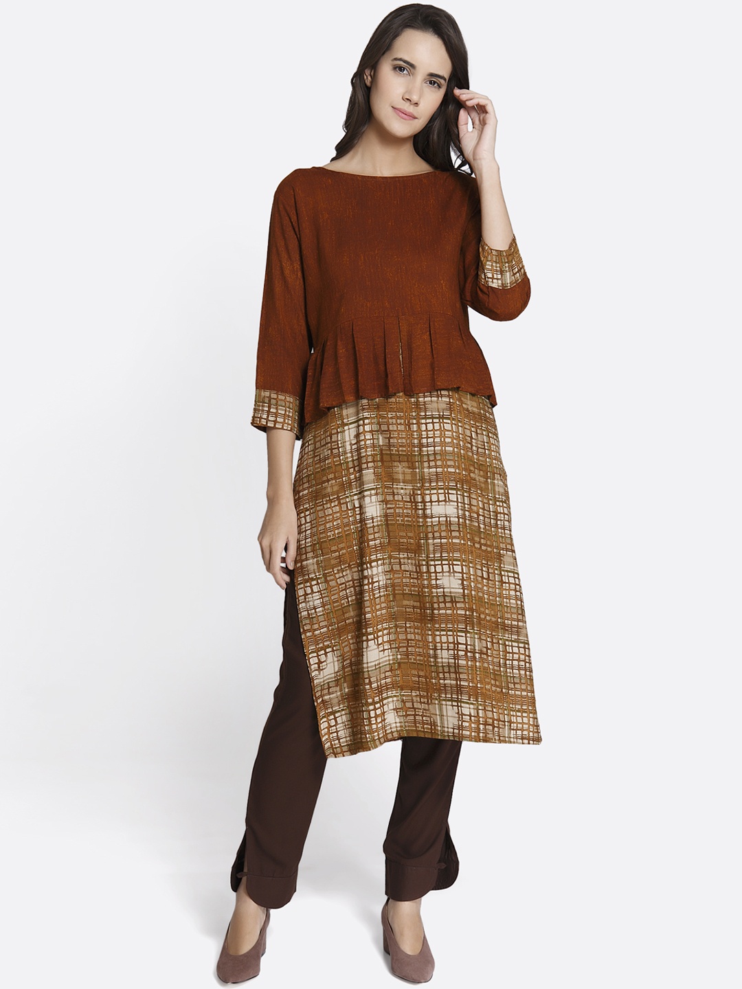 

shiloh Women Brown Printed Straight Kurta
