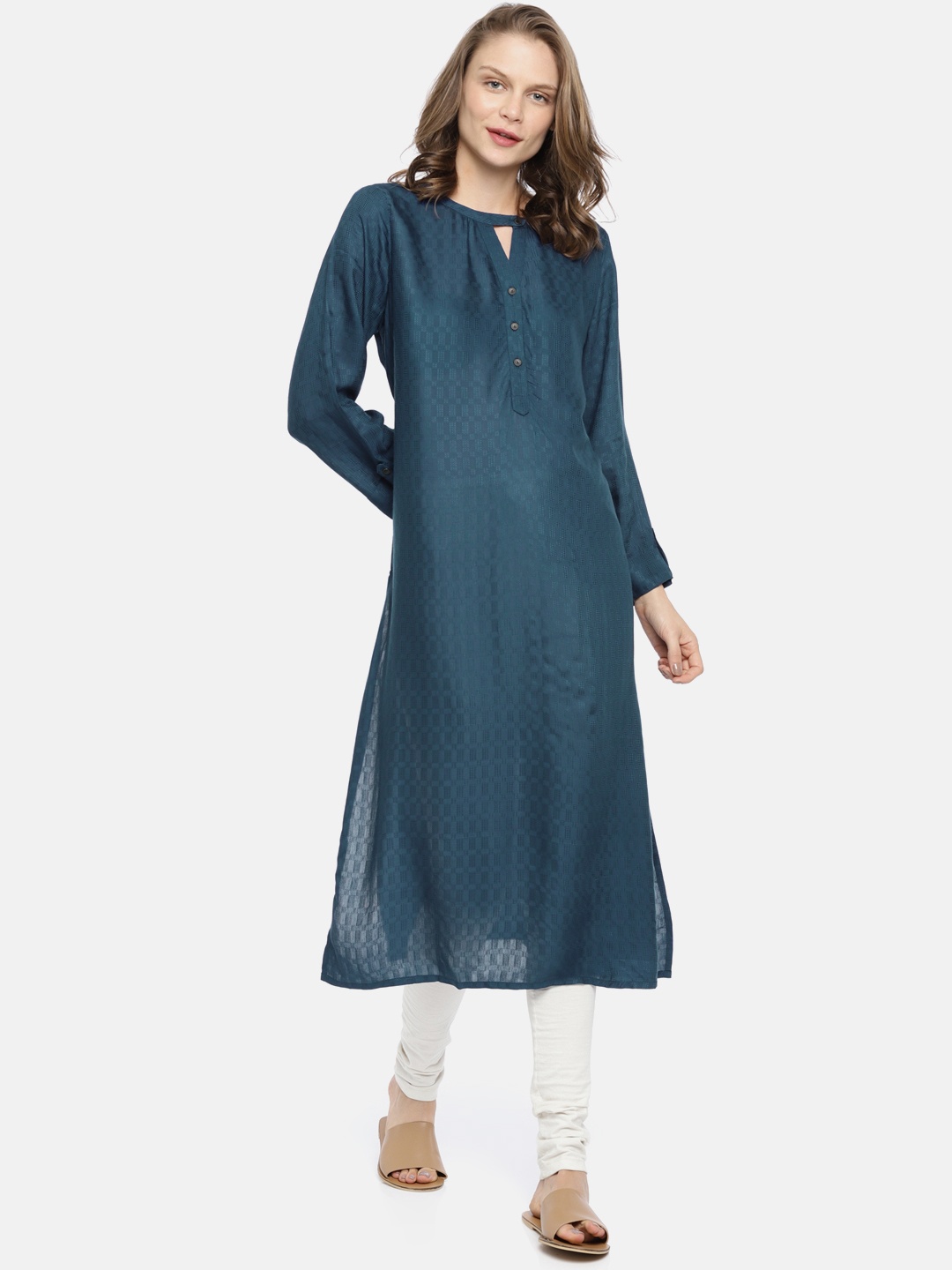 

Global Desi Women Teal Blue Solid A-Line Kurta