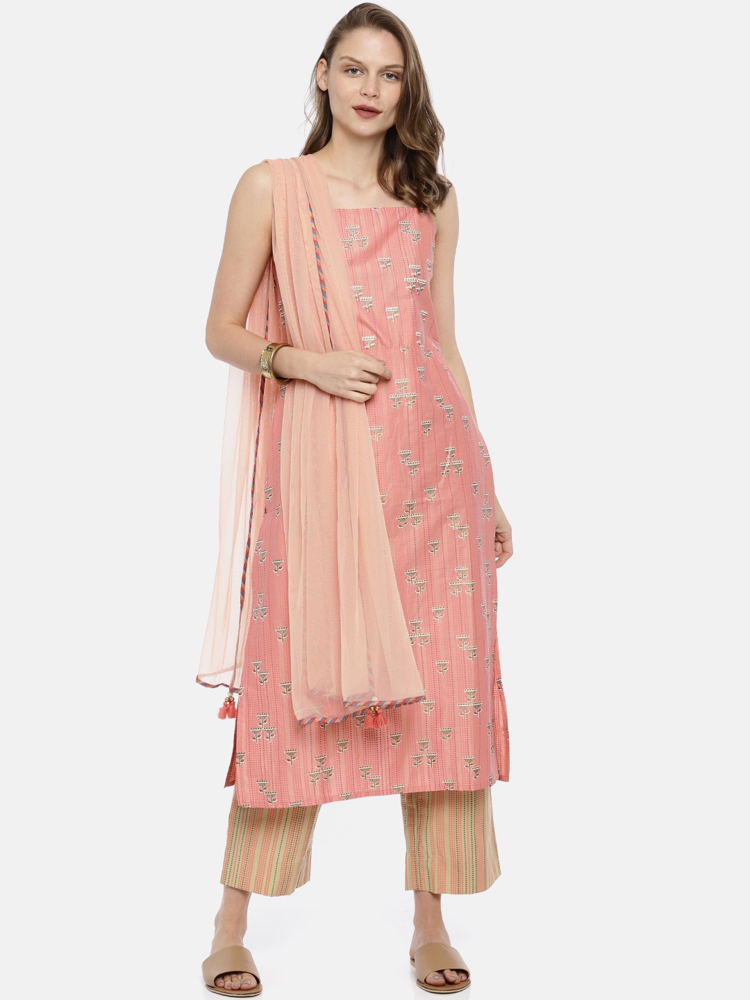 

Global Desi Women Pink & Beige Printed Kurta with Trousers & Dupatta