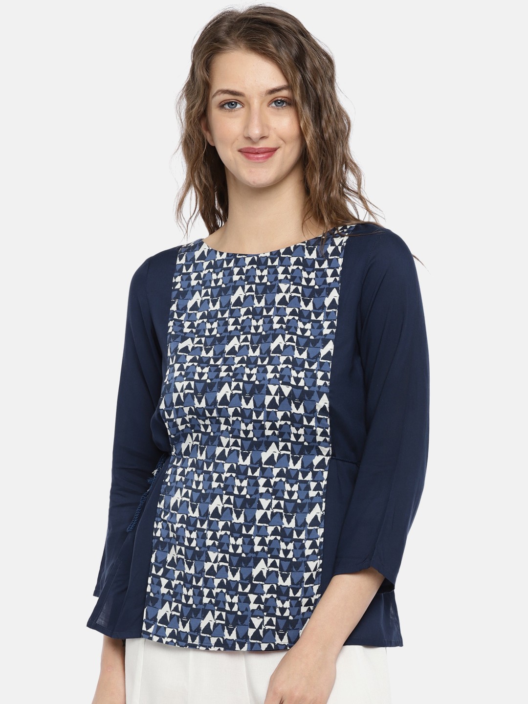 

Global Desi Women Navy Blue Printed Top