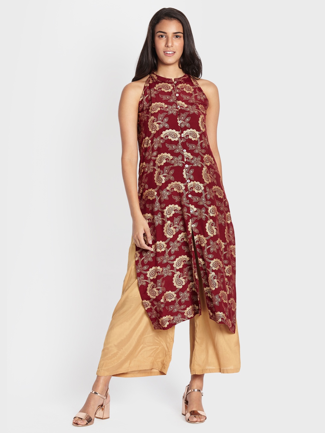 

Global Desi Women Maroon Printed A-Line Kurta