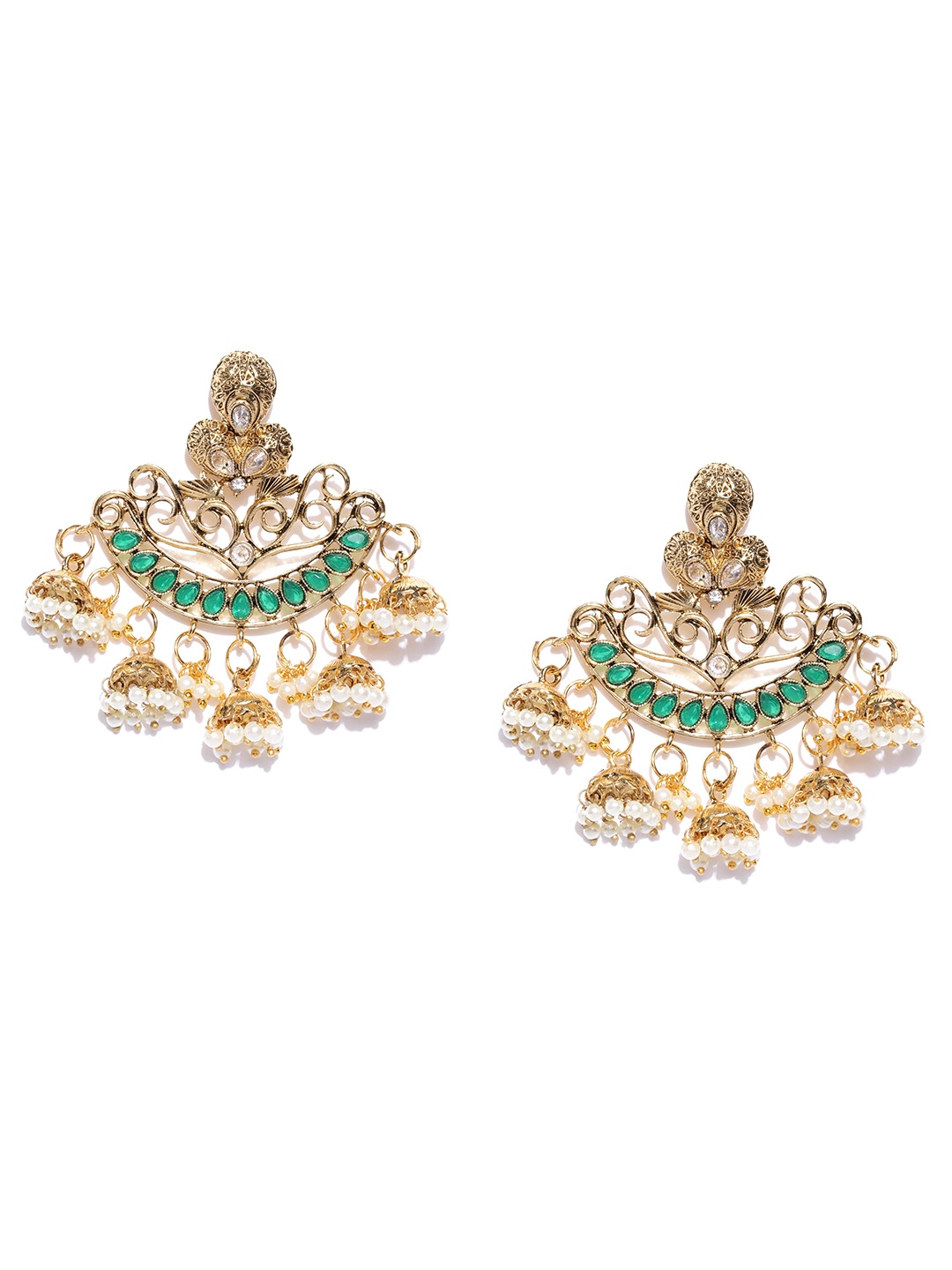 

YouBella Green Gold-Plated Crescent-Shaped Chandbalis