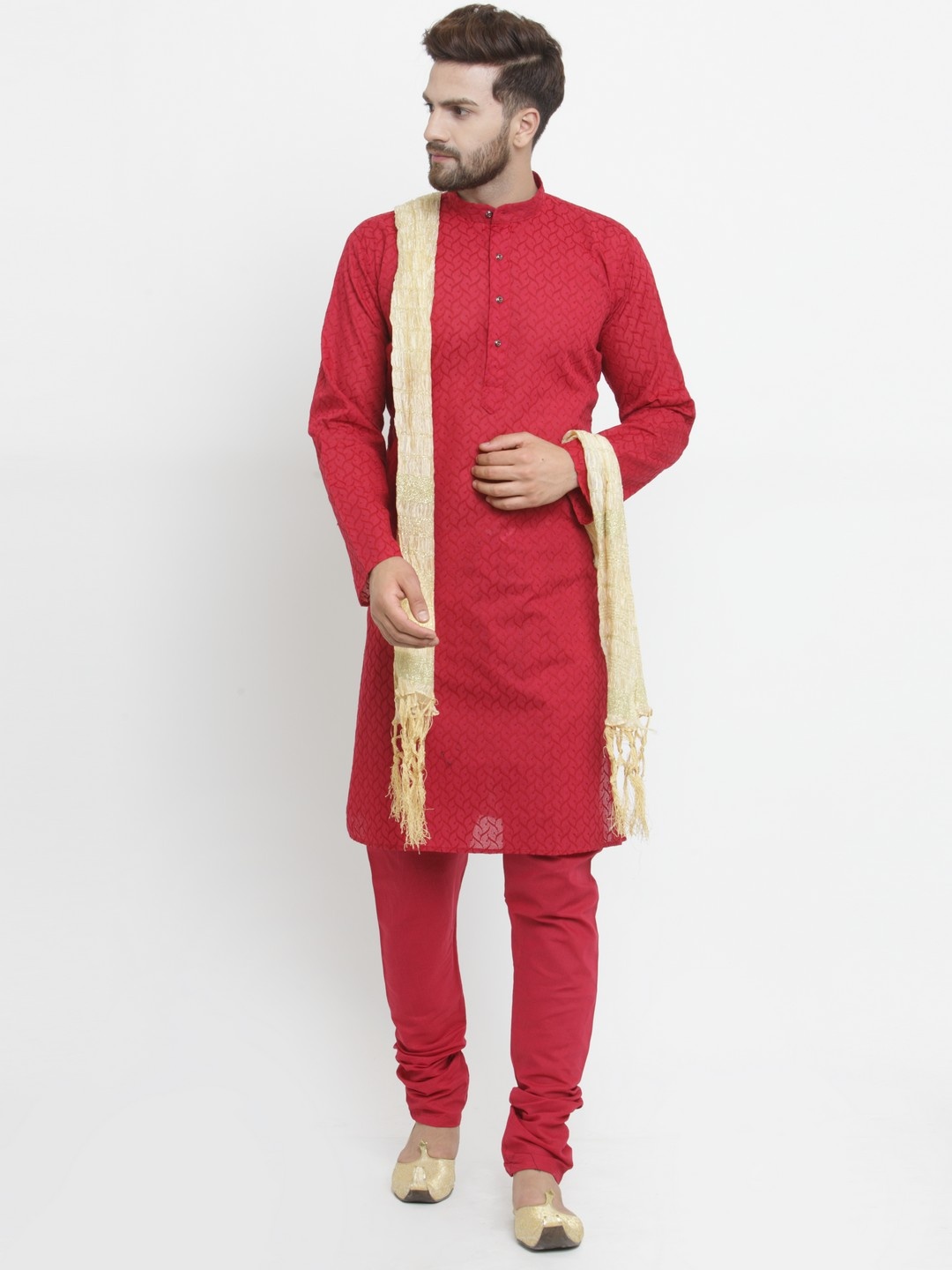 

Jompers Men Red & Beige Self Design Kurta with Churidar & Dupatta
