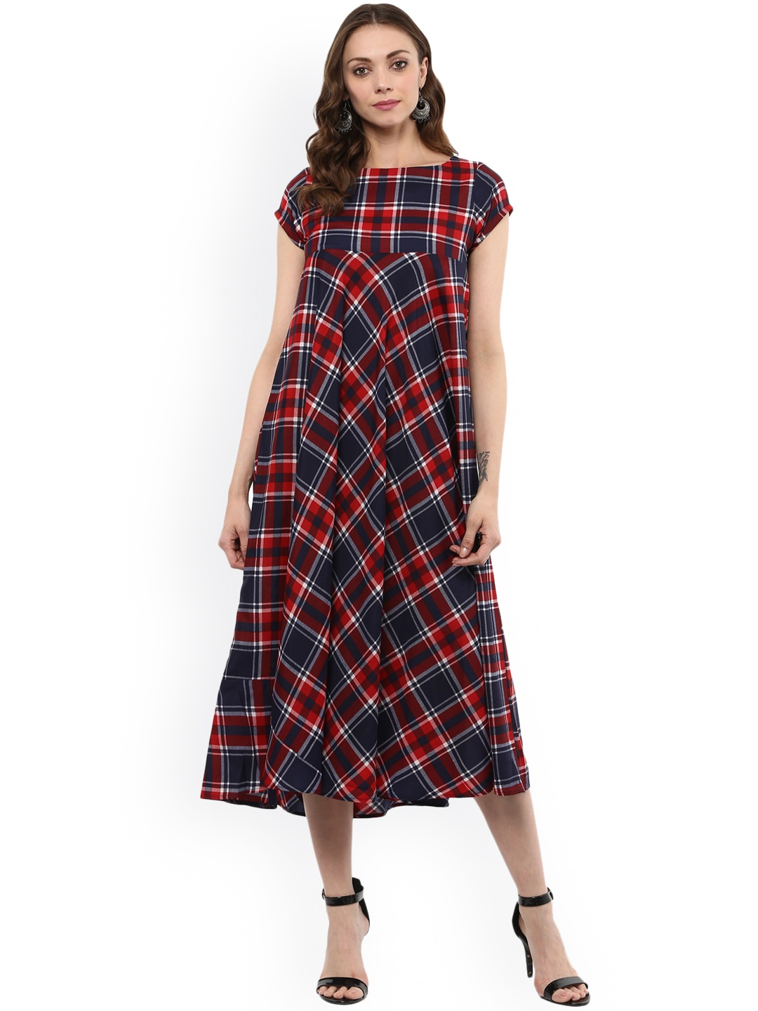 

MBE Women Red Checked Empire Dress