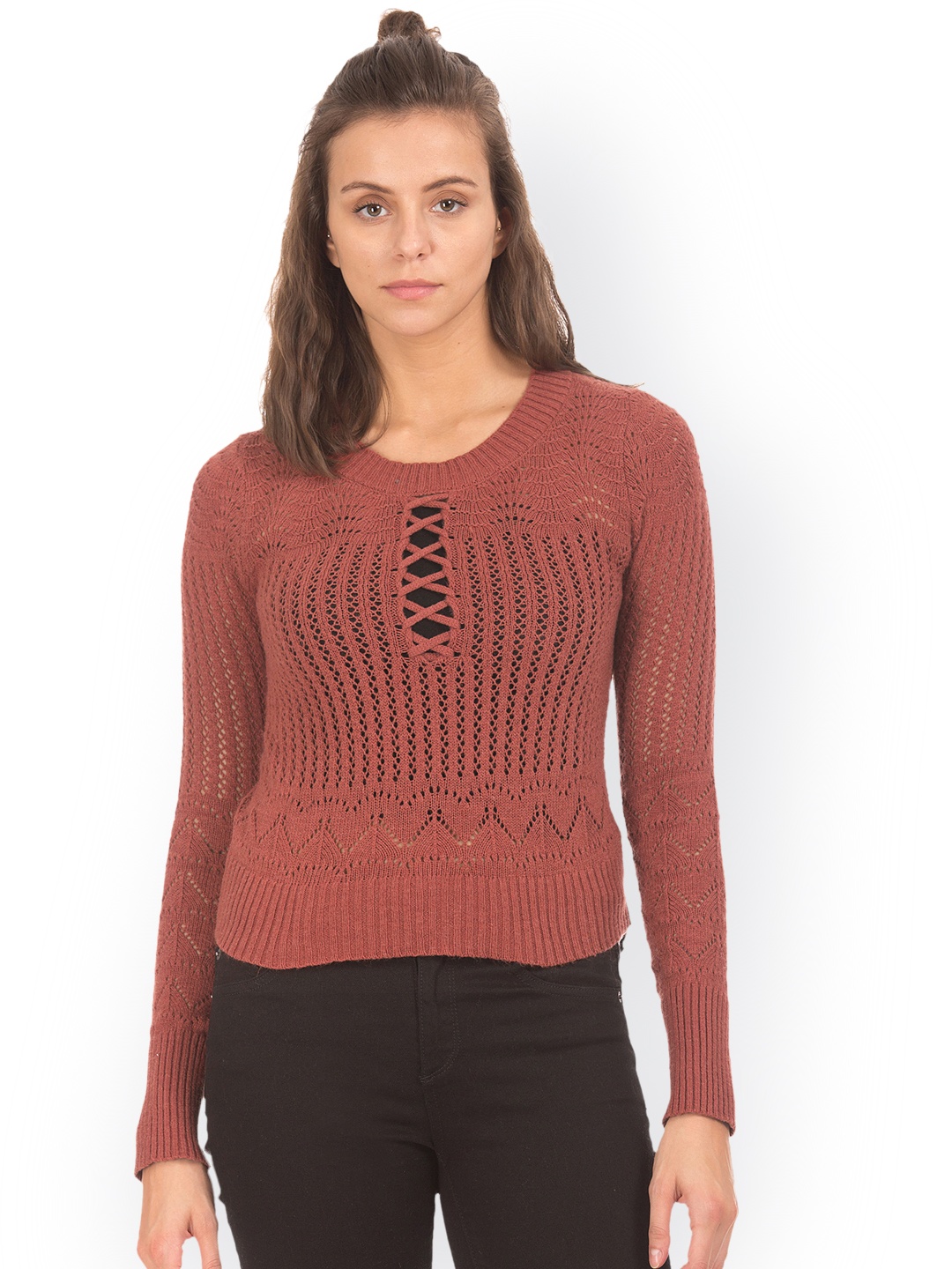 

Aeropostale Women Brown Self Design Pullover