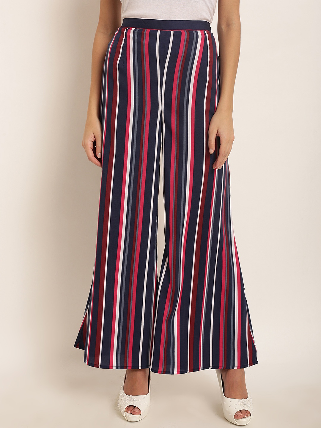 

RARE Women Navy Blue & Pink Original Regular Fit Striped Parallel Trousers