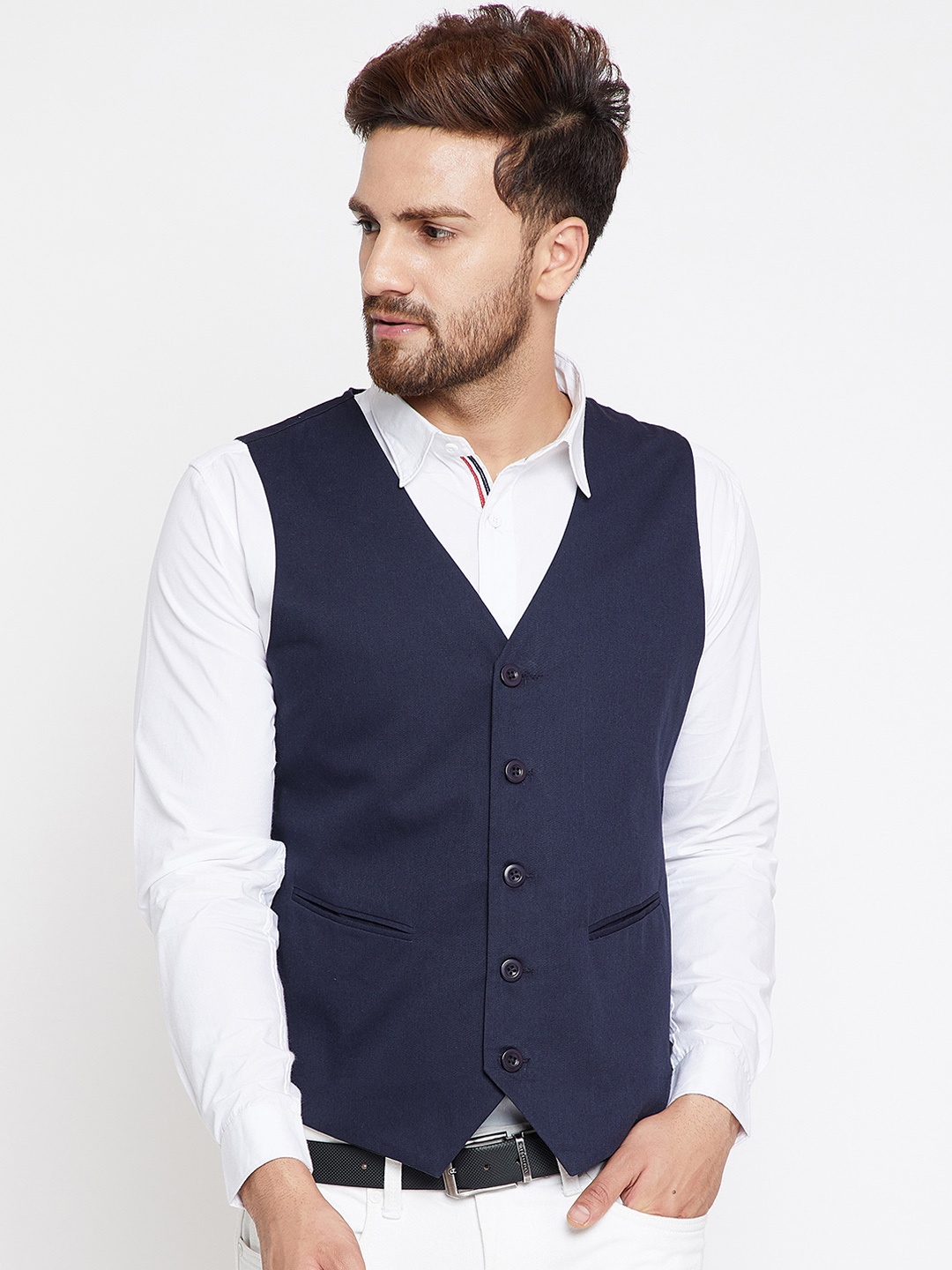 

CHILL WINSTON Men Blue Solid Pure Cotton Waistcoat, Navy blue