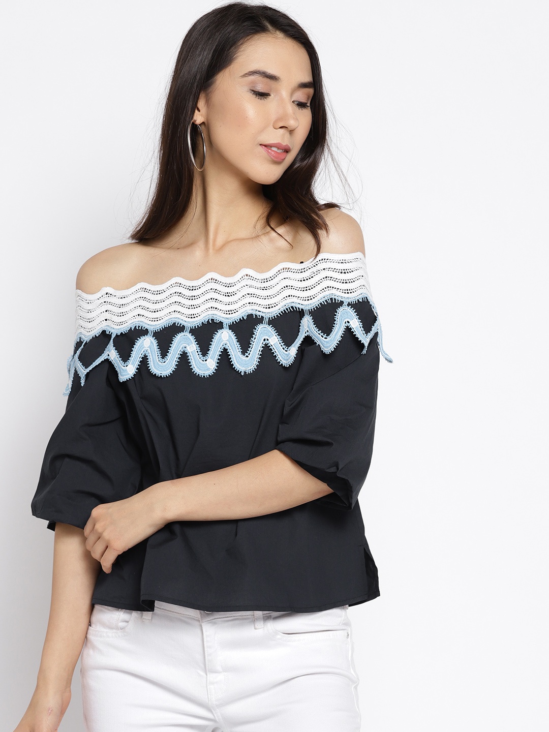 

Madame Women Navy Solid Bardot Pure Cotton Top, Navy blue