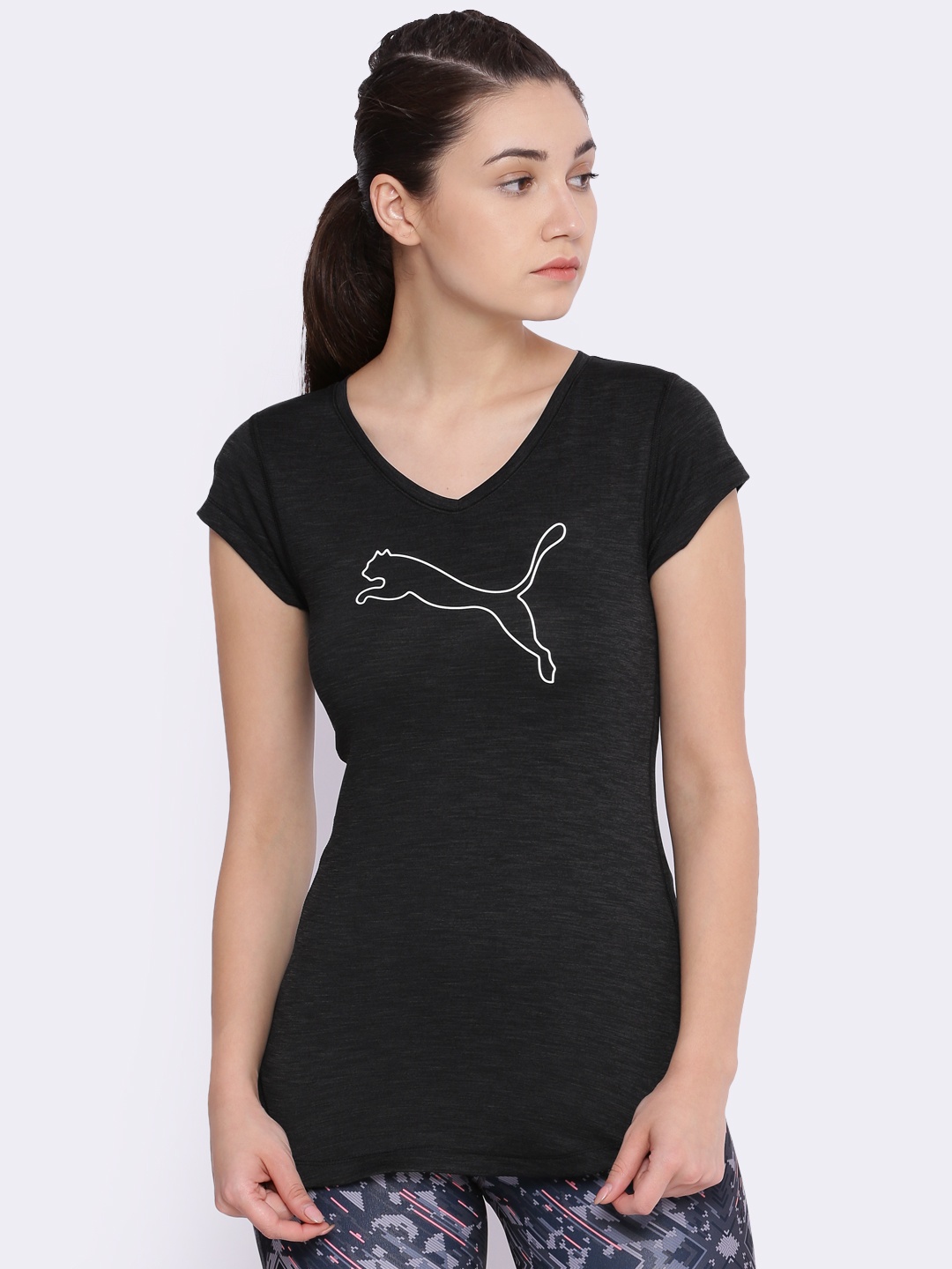 

Puma Women Black Solid V-Neck Heather Cat T-shirt