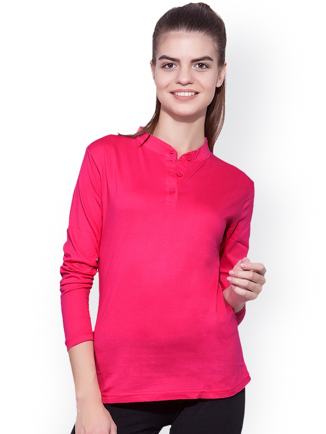 

appulse Women Pink Solid Mandarin Collar T-shirt