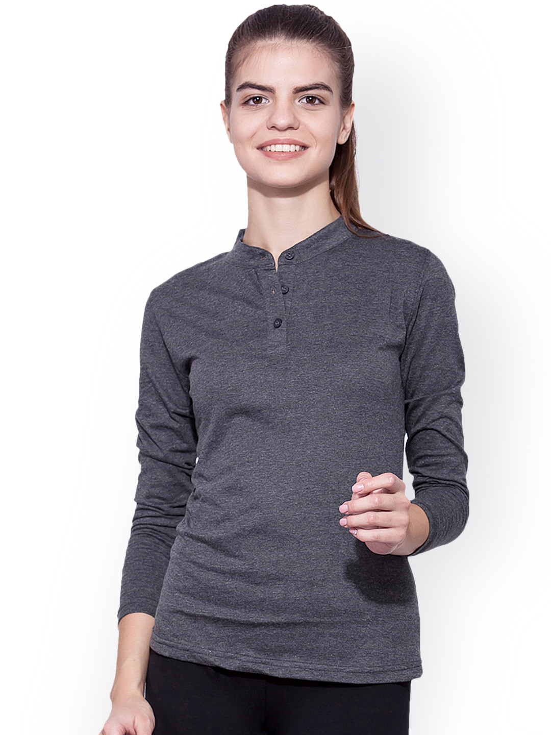 

appulse Women Grey Solid Mandarin Collar T-shirt