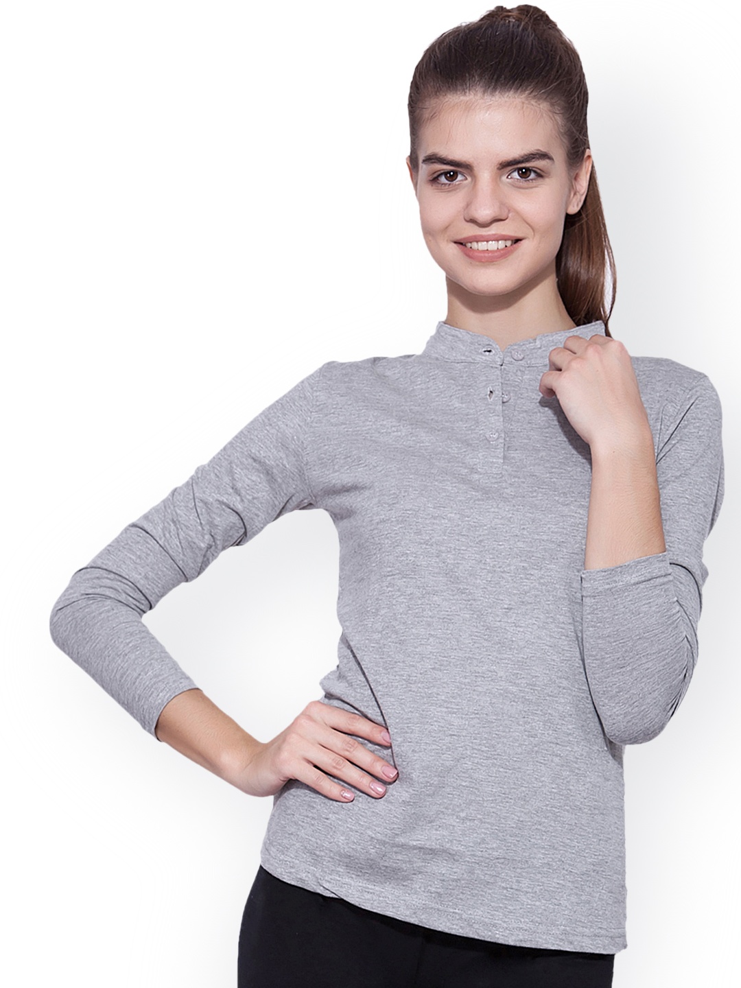 

appulse Women Grey Solid Mandarin Collar T-shirt