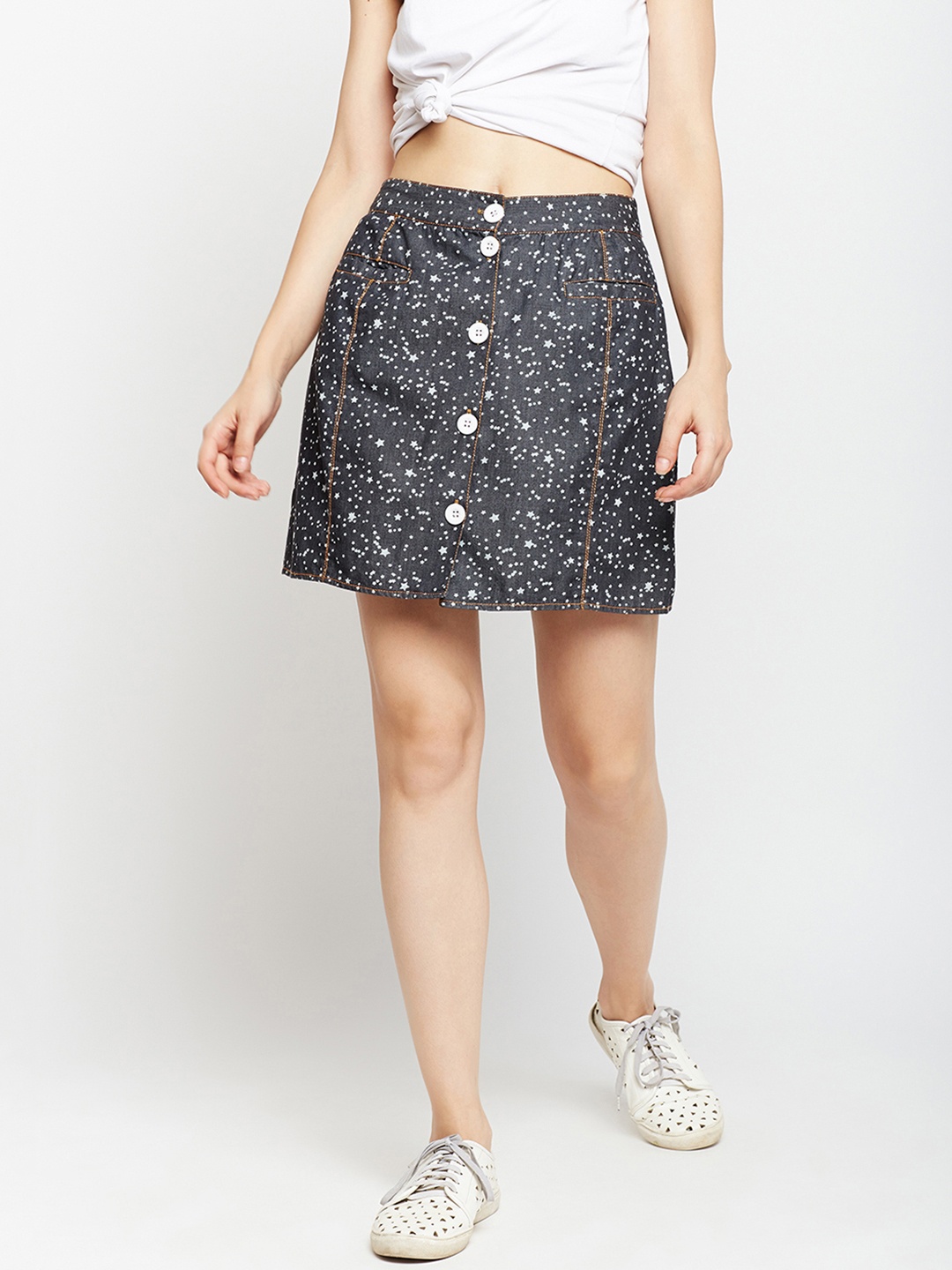 

Nun Denim Printed A-Line Pure Cotton Skirt, Black