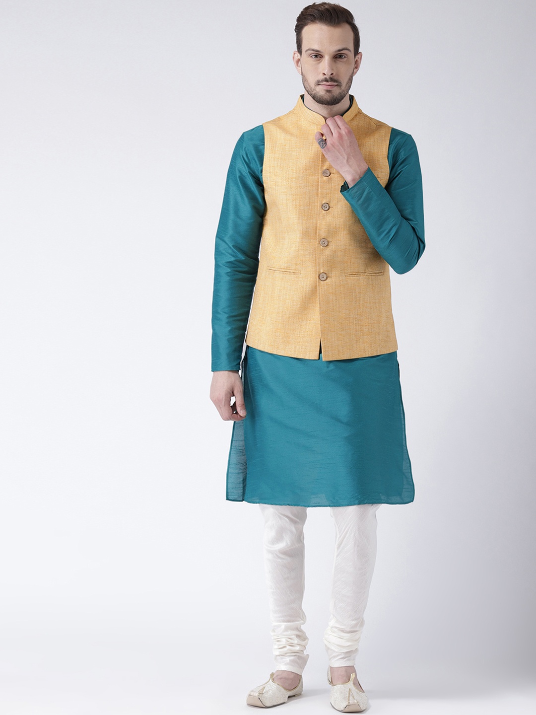 

KISAH Men Teal & Off-White Solid Churidar Kurta with Nehru Jacket