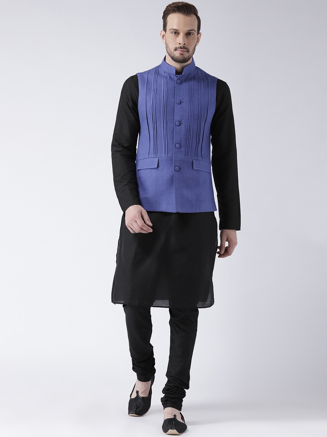 

KISAH Men Black & Blue Solid Kurta with Churidar & Nehru Jacket