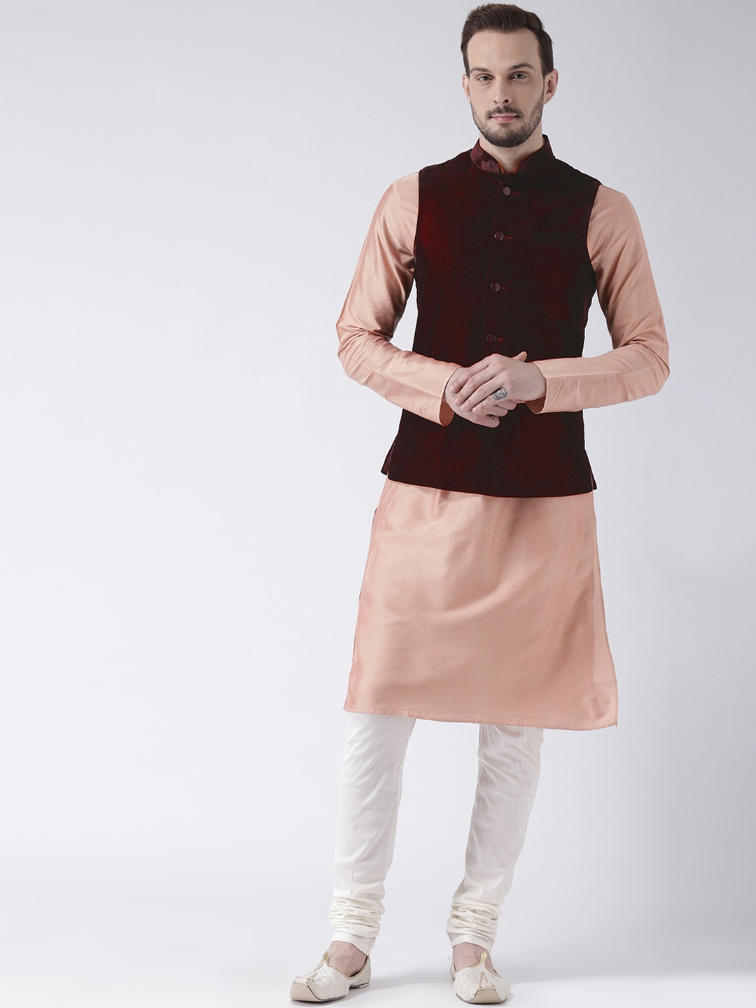 

KISAH Men Peach-Coloured & Off-White Solid Kurta with Churidar & Nehru Jacket