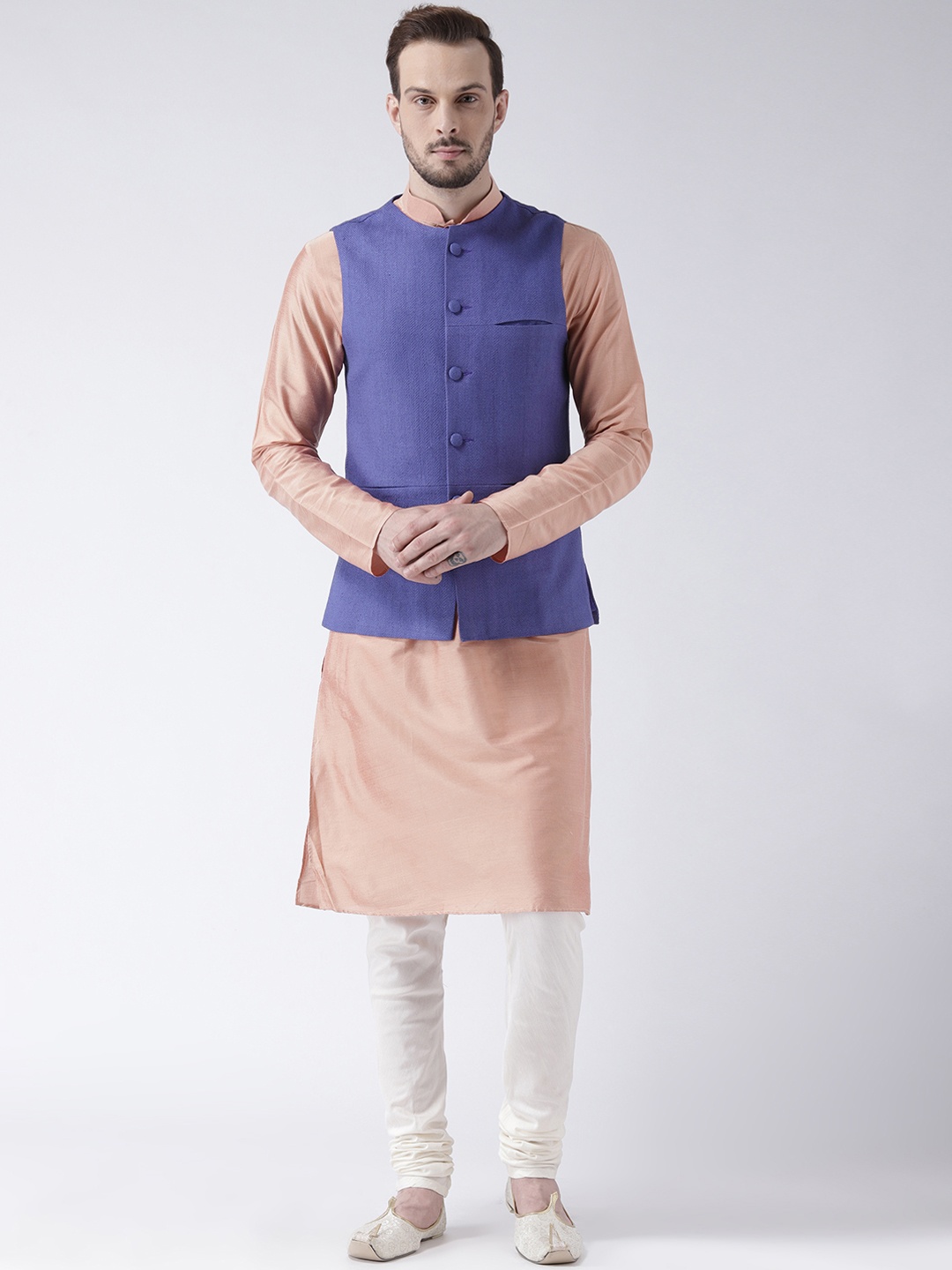 

KISAH Men Peach-Coloured & Off-White Solid Kurta with Churidar & Nehru Jacket