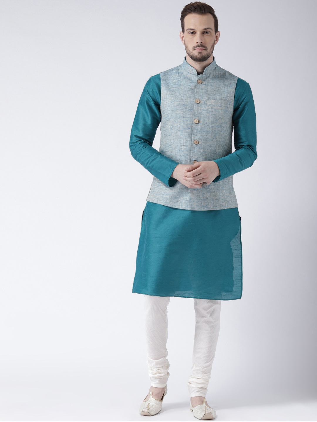 

KISAH Men Solid Regular Fit Woven Kurta Jacket Churidar Set, Teal