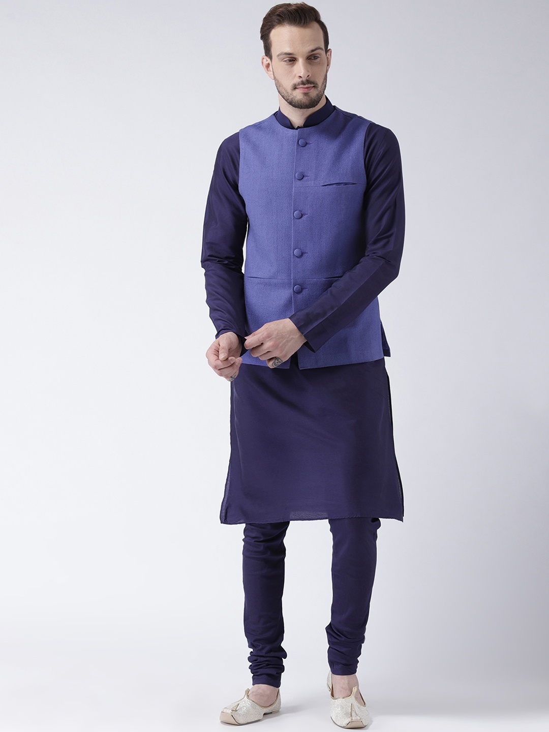 

KISAH Men Blue & Navy Blue Solid Kurta with Churidar & Nehru Jacket