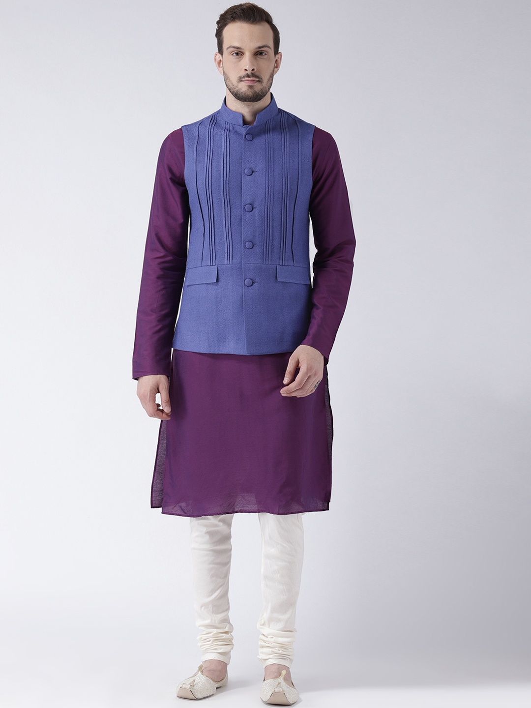 

KISAH Men Purple & Off-White Solid Kurta with Churidar & Nehru Jacket