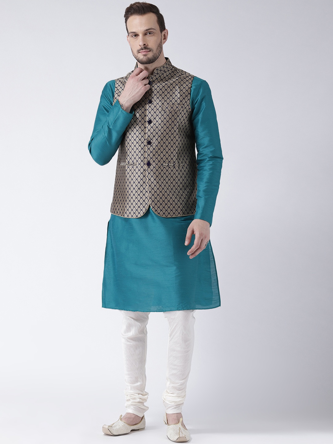 

KISAH Men Teal & Off-White Solid Kurta with Churidar & Nehru Jacket