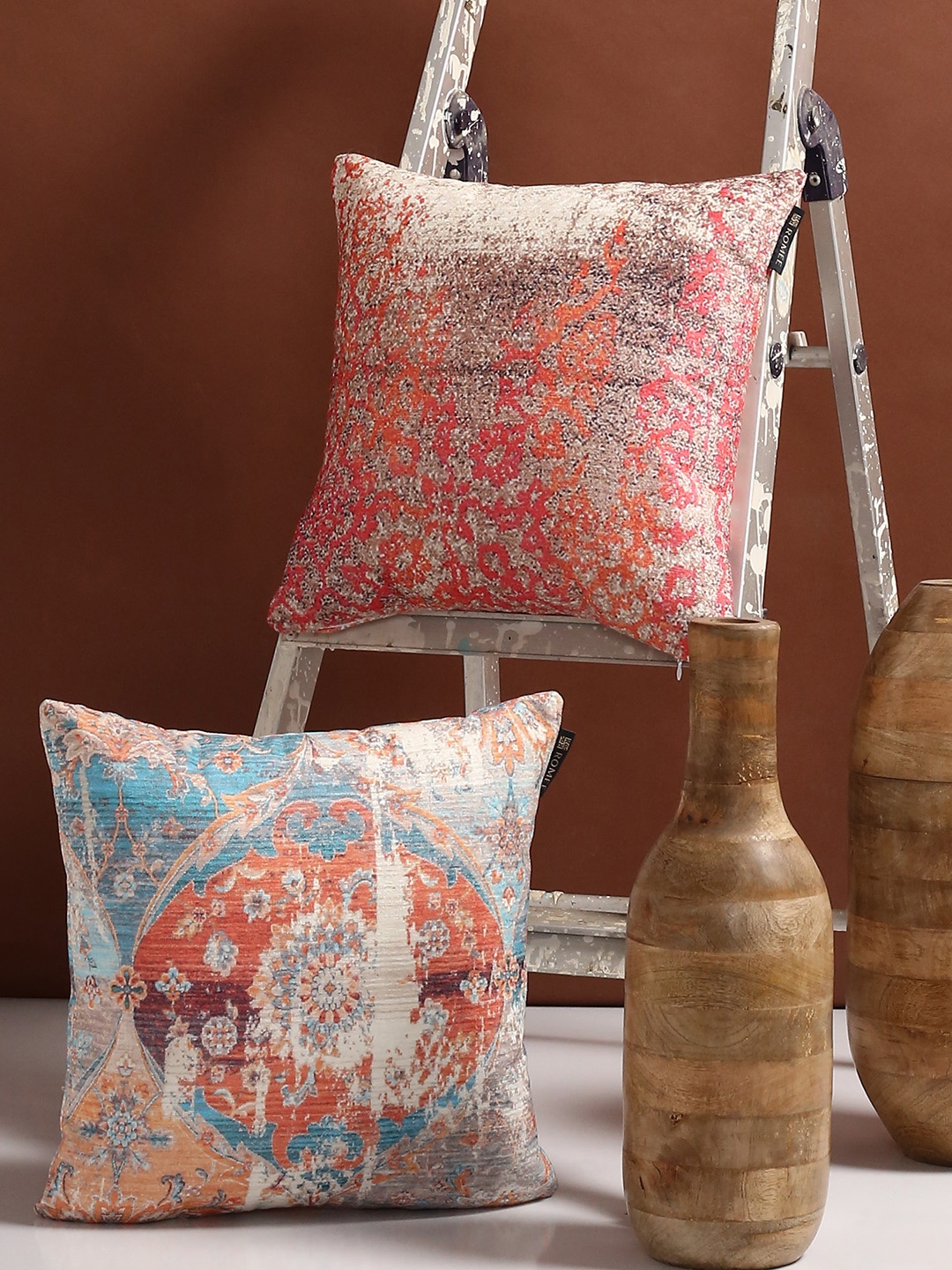 

ROMEE Peach-Coloured Set of 2 Ethnic Motifs Square Cushion Covers