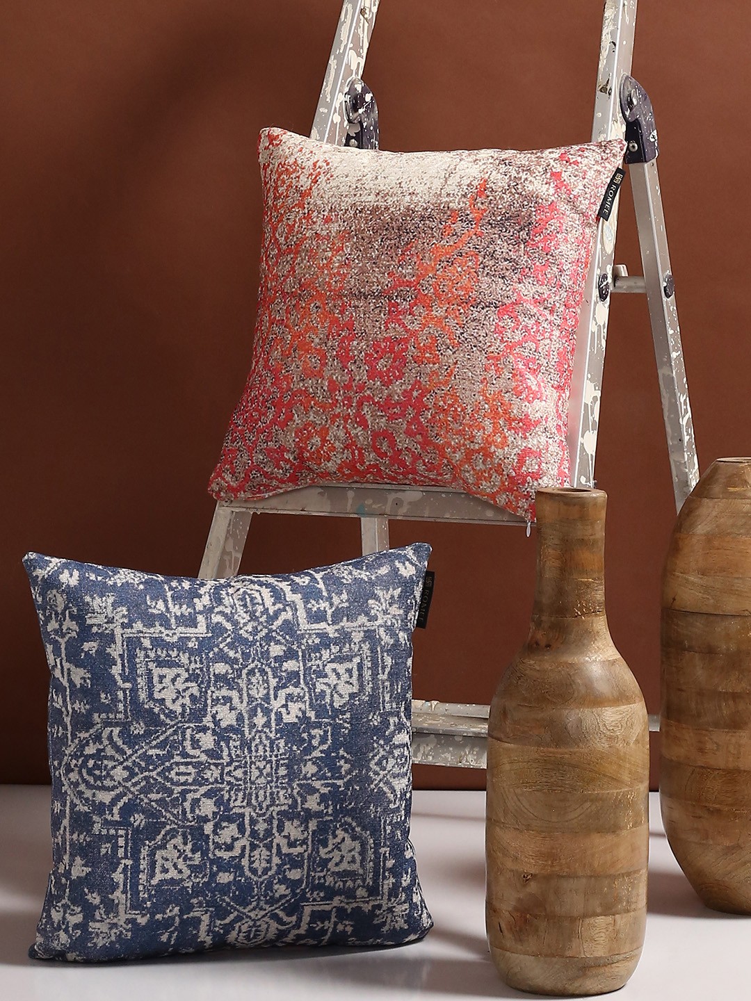 

ROMEE Peach-Coloured & Blue Set of 2 Ethnic Motifs Square Cushion Covers