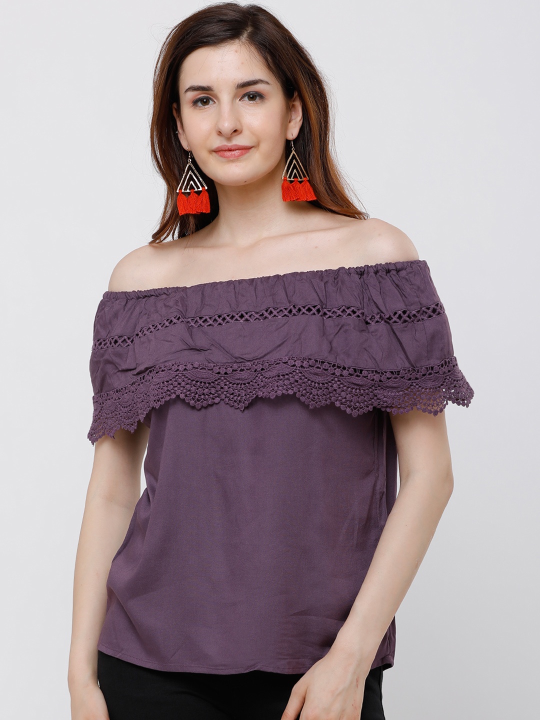 

Tokyo Talkies Women Purple Self Design Bardot Top