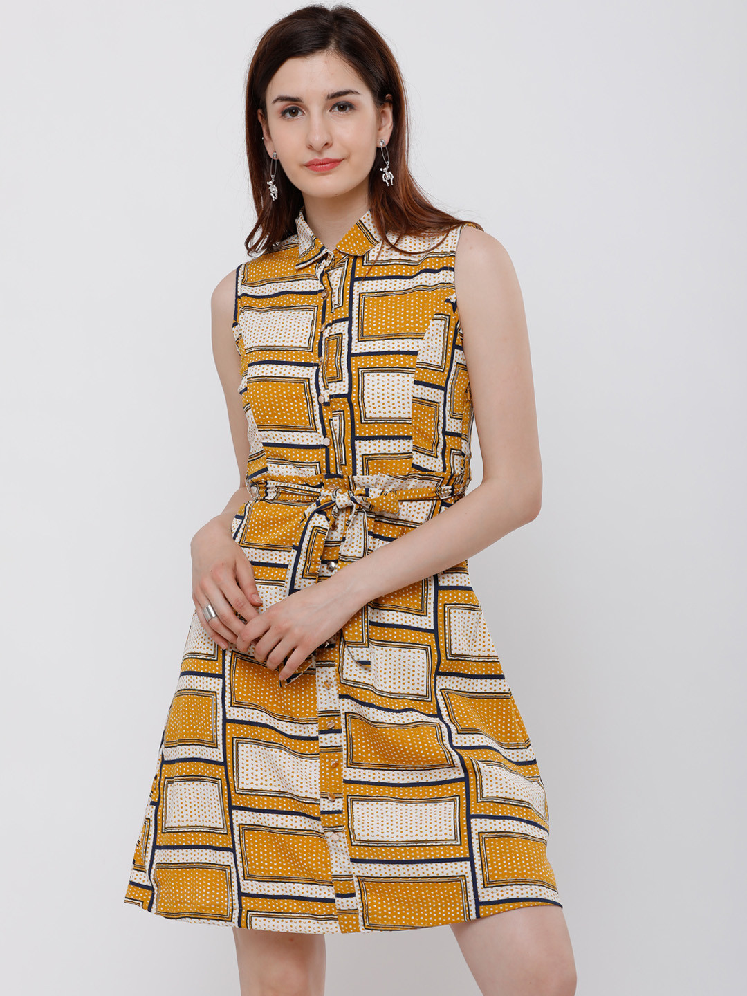 

Tokyo Talkies Women Mustard & Cream Printed Shirt Dress