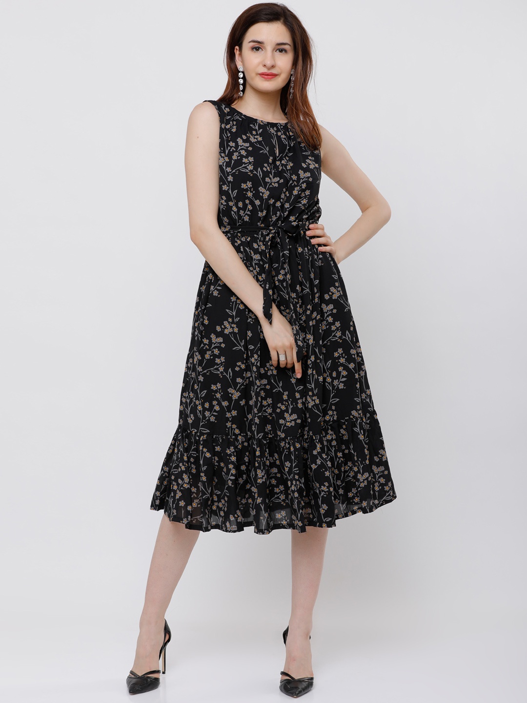 

Tokyo Talkies Women Black Printed Fit and Flare Dress