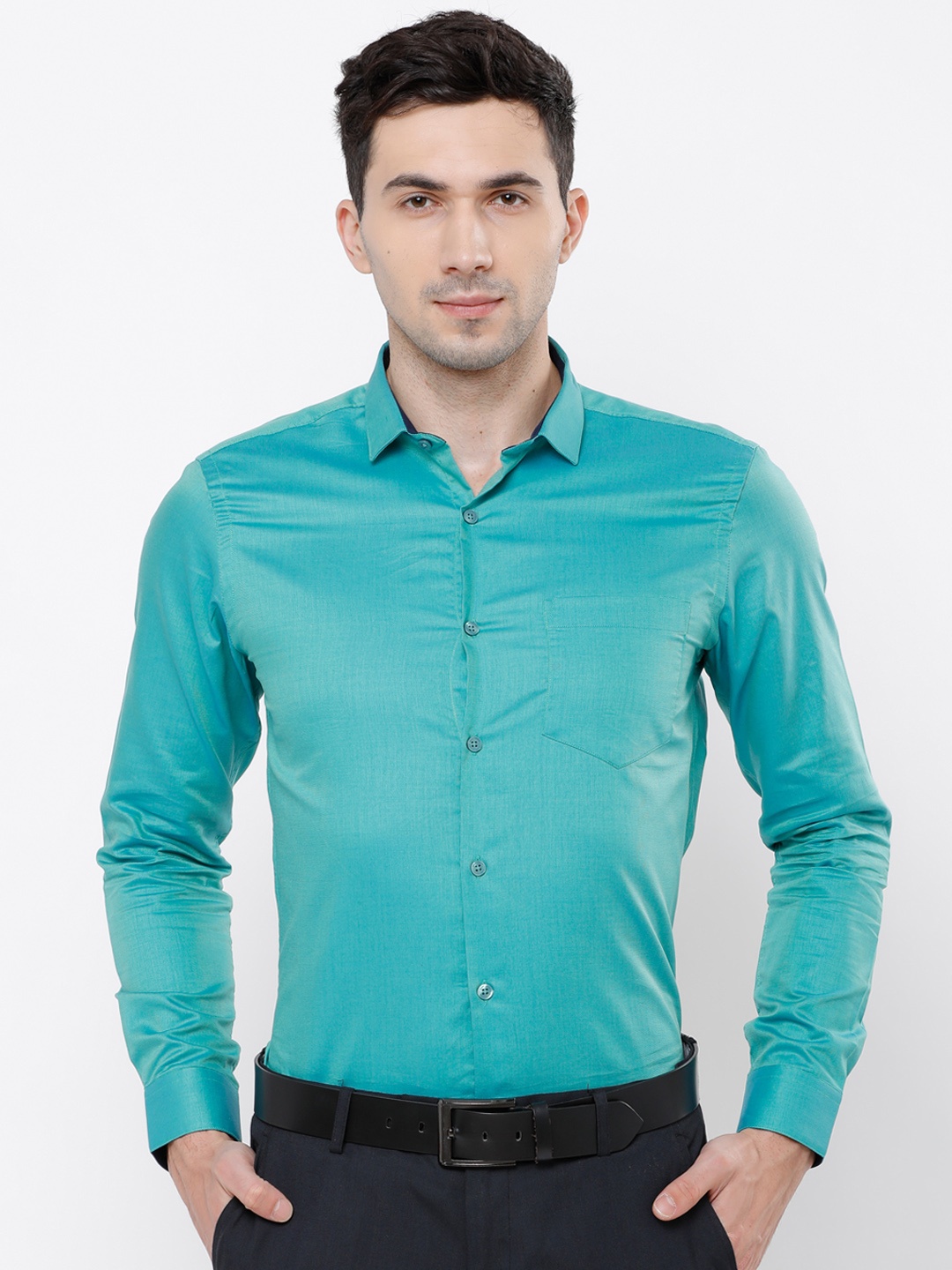 

Black coffee Men Green Slim Fit Solid Formal Shirt