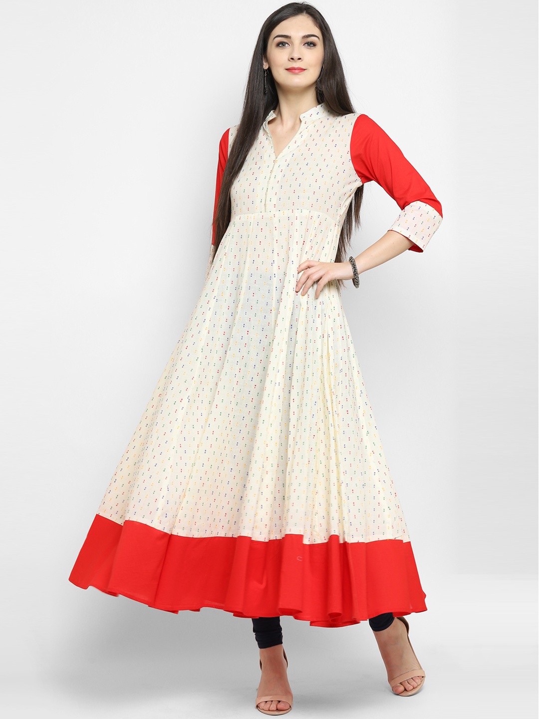 

MBE Women Off-White & Red Woven Design Anarkali Kurta