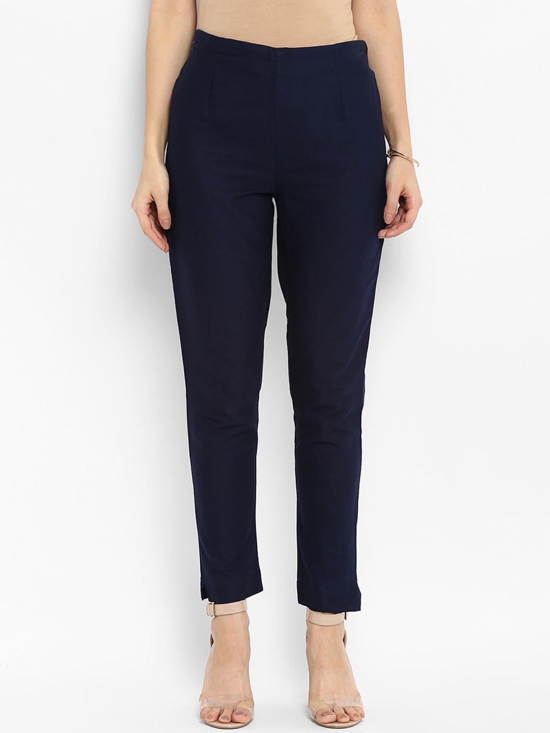 

Juniper Women Navy Blue Smart Slim Fit Solid Cigarette Trousers