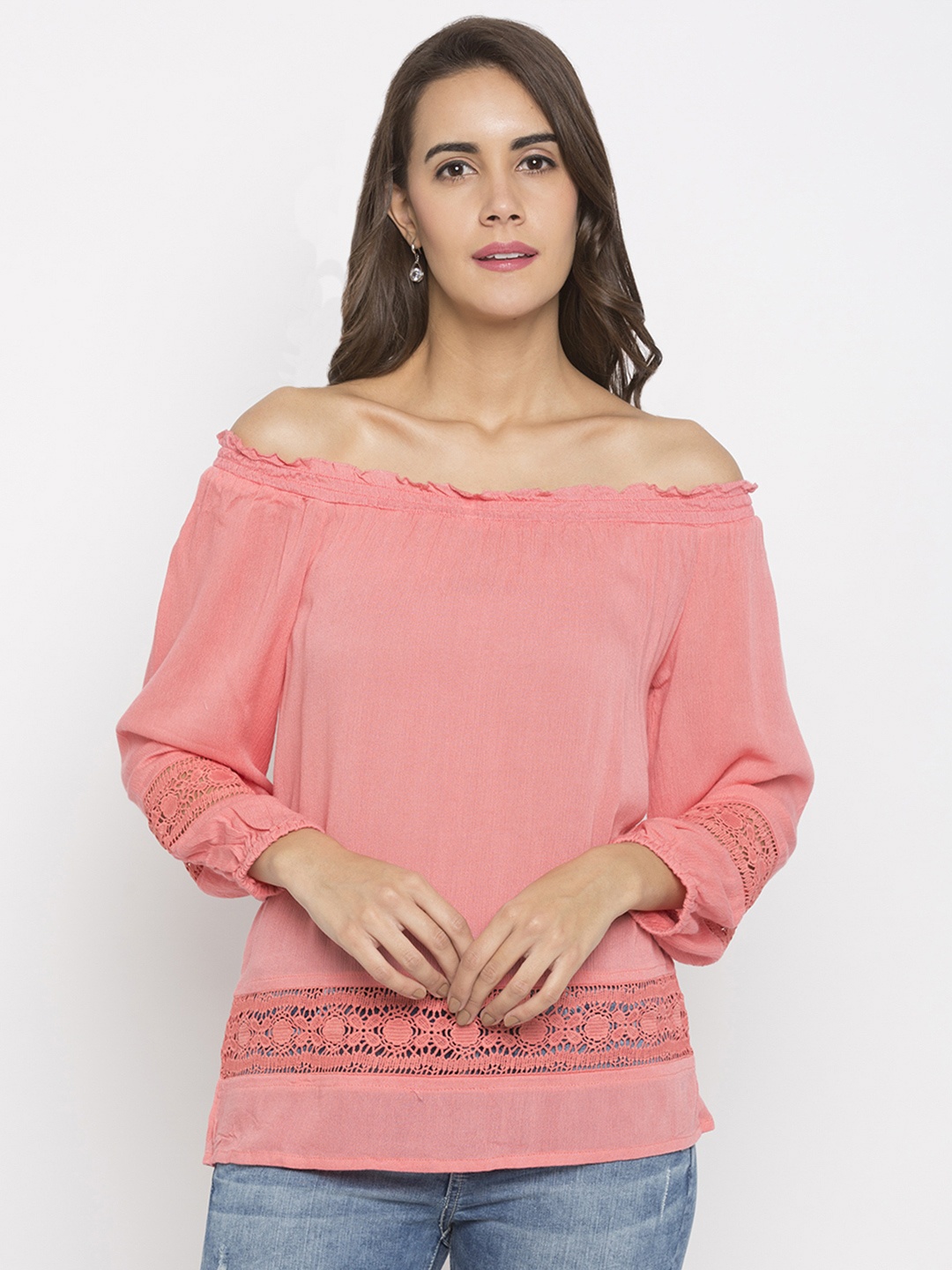 

Globus Women Peach-Coloured Solid Bardot Top